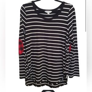 Market & Spruce Long Sleeve Elbow Patch Rayon Top, large, black and white